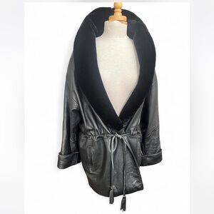 Vintage 80s LNR mid length Leather and Faux Shearling Coat w/ Tassel Ties Medium